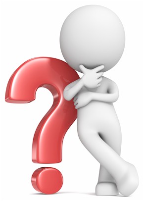 Person lehnt am roten Fragezeichen